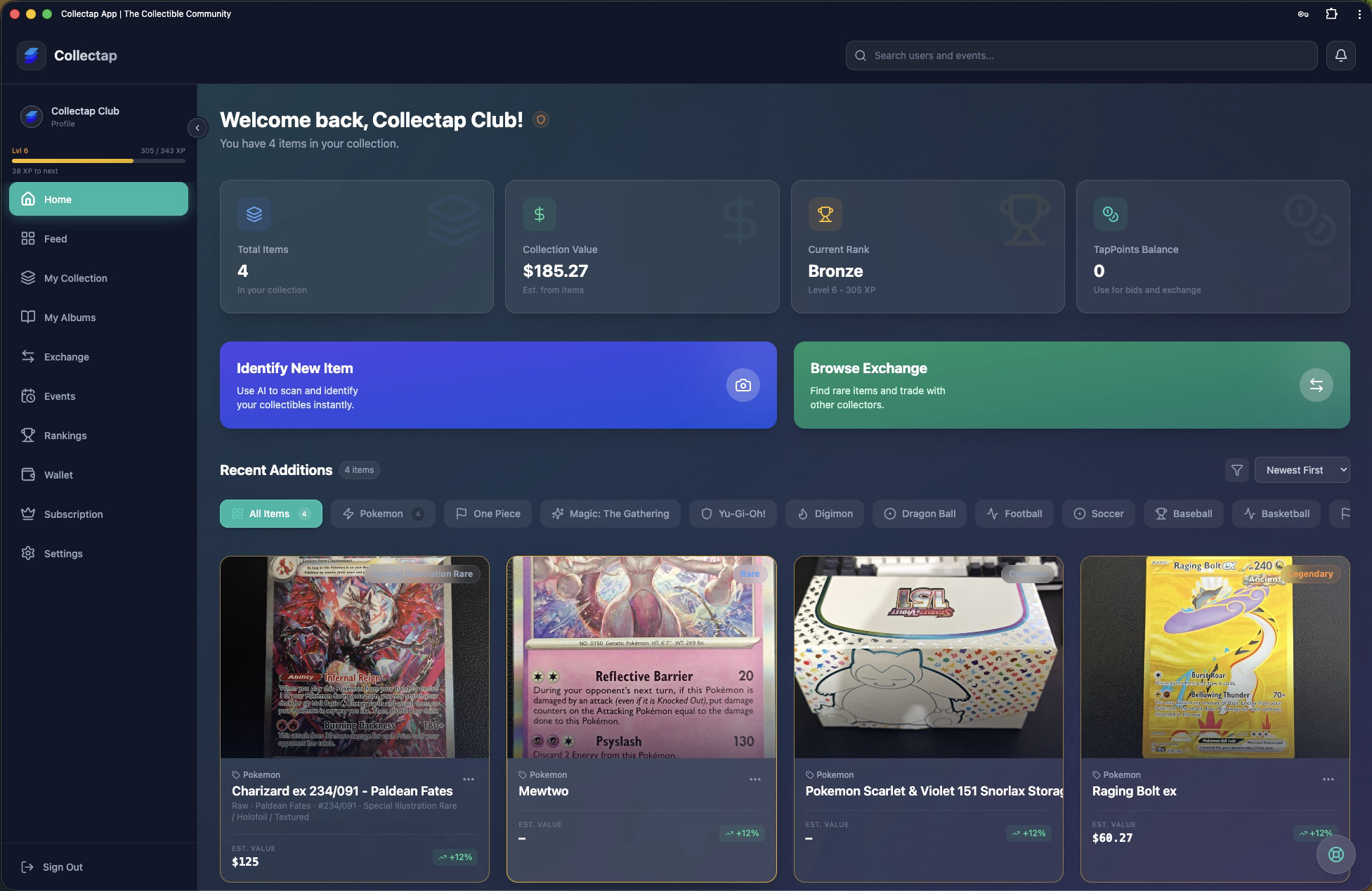 Collectap app dashboard showing a collector's home feed
